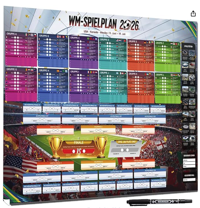 XXL WM-Spielplan 2026 Poster – alle 48 Teams, Gruppen & K.-o.-Runde zum Eintragen